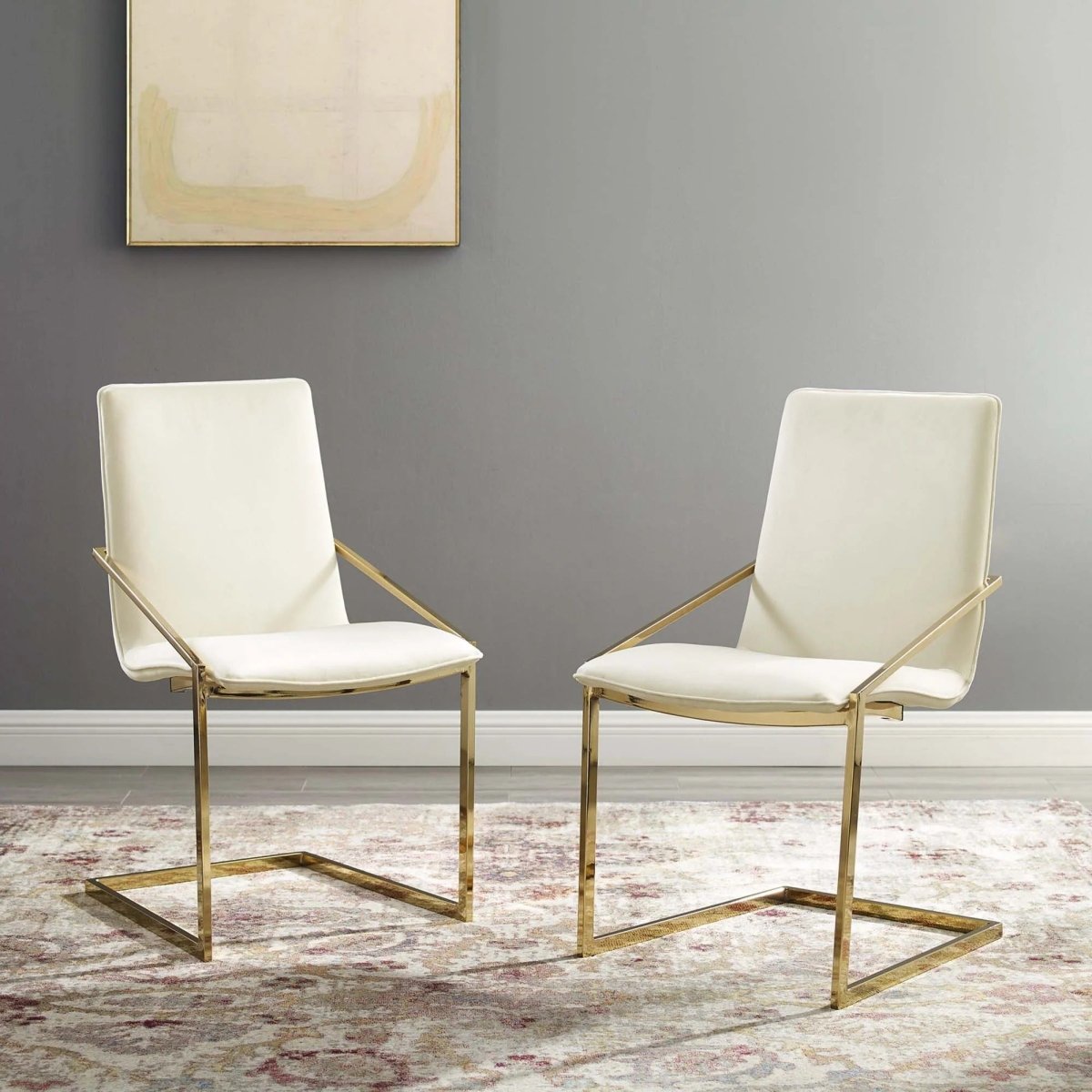 Set of 2 Geometric Gold Stainless Steel Performance Velvet Dining Armchairs - Dining Chairs available at Alpine Outlets in Denver
