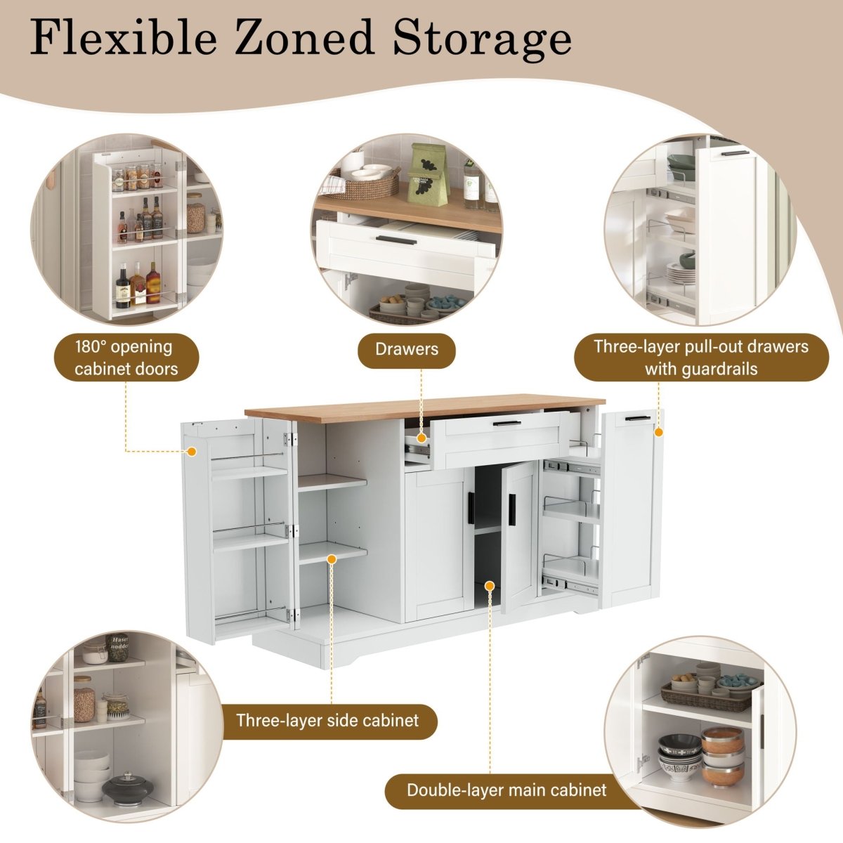 Sideboard With Extendable Table, Adjustable Shelves, 3 Tier Pull Out Rack - White - Sideboards available at Alpine Outlets in Denver