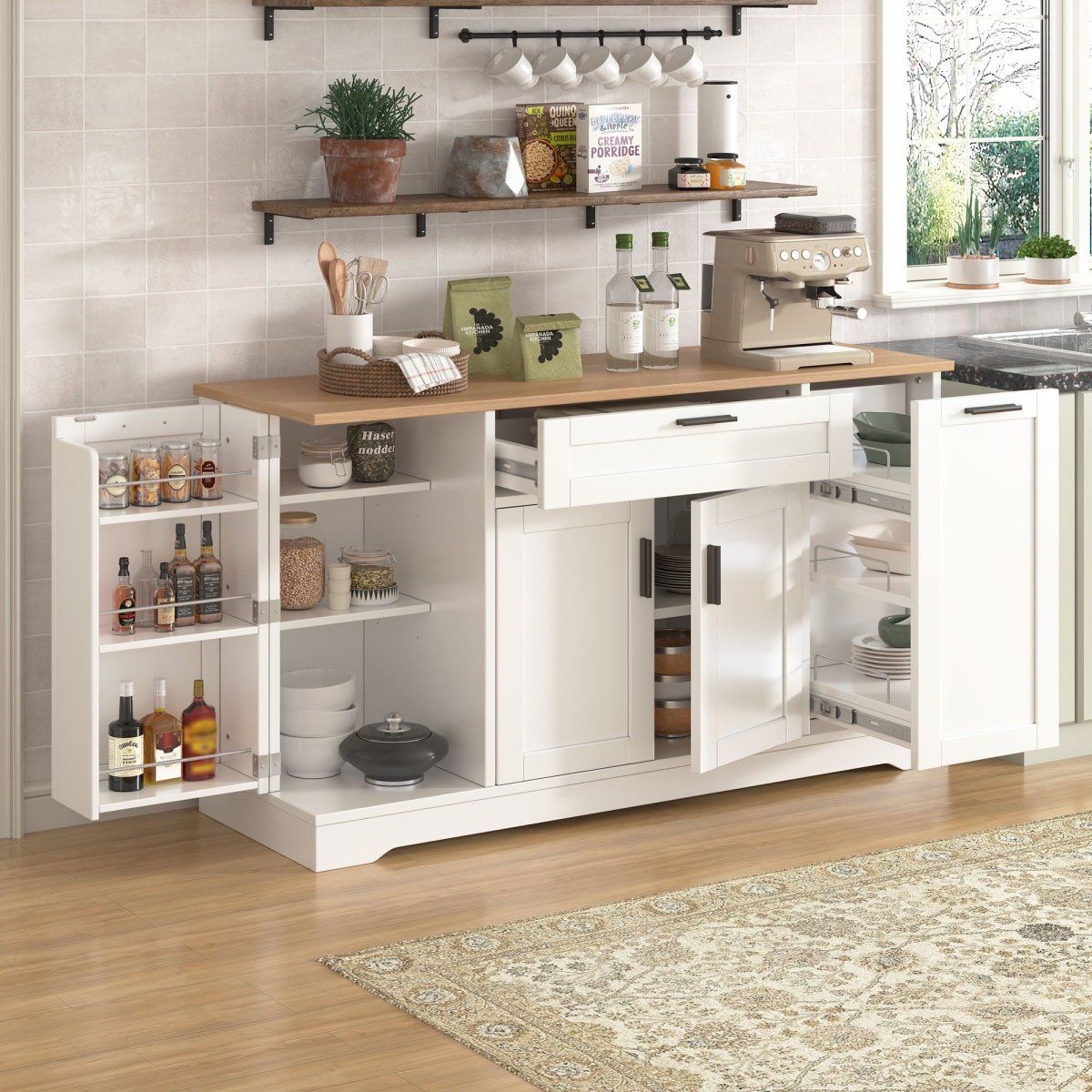 Sideboard With Extendable Table, Adjustable Shelves, 3 Tier Pull Out Rack - White - Sideboards available at Alpine Outlets in Denver
