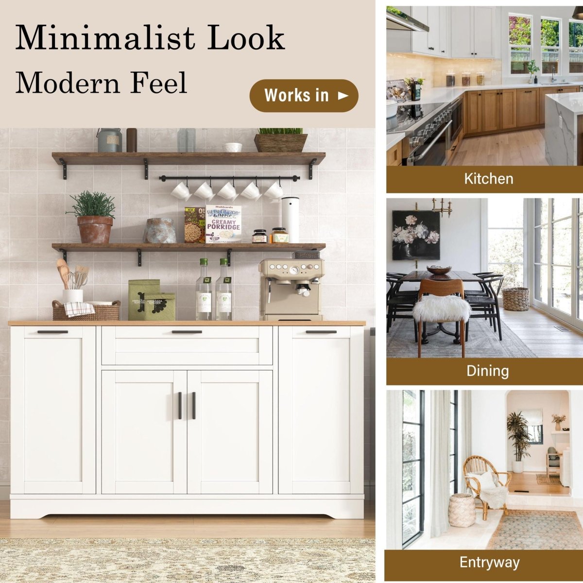 Sideboard With Extendable Table, Adjustable Shelves, 3 Tier Pull Out Rack - White - Sideboards available at Alpine Outlets in Denver
