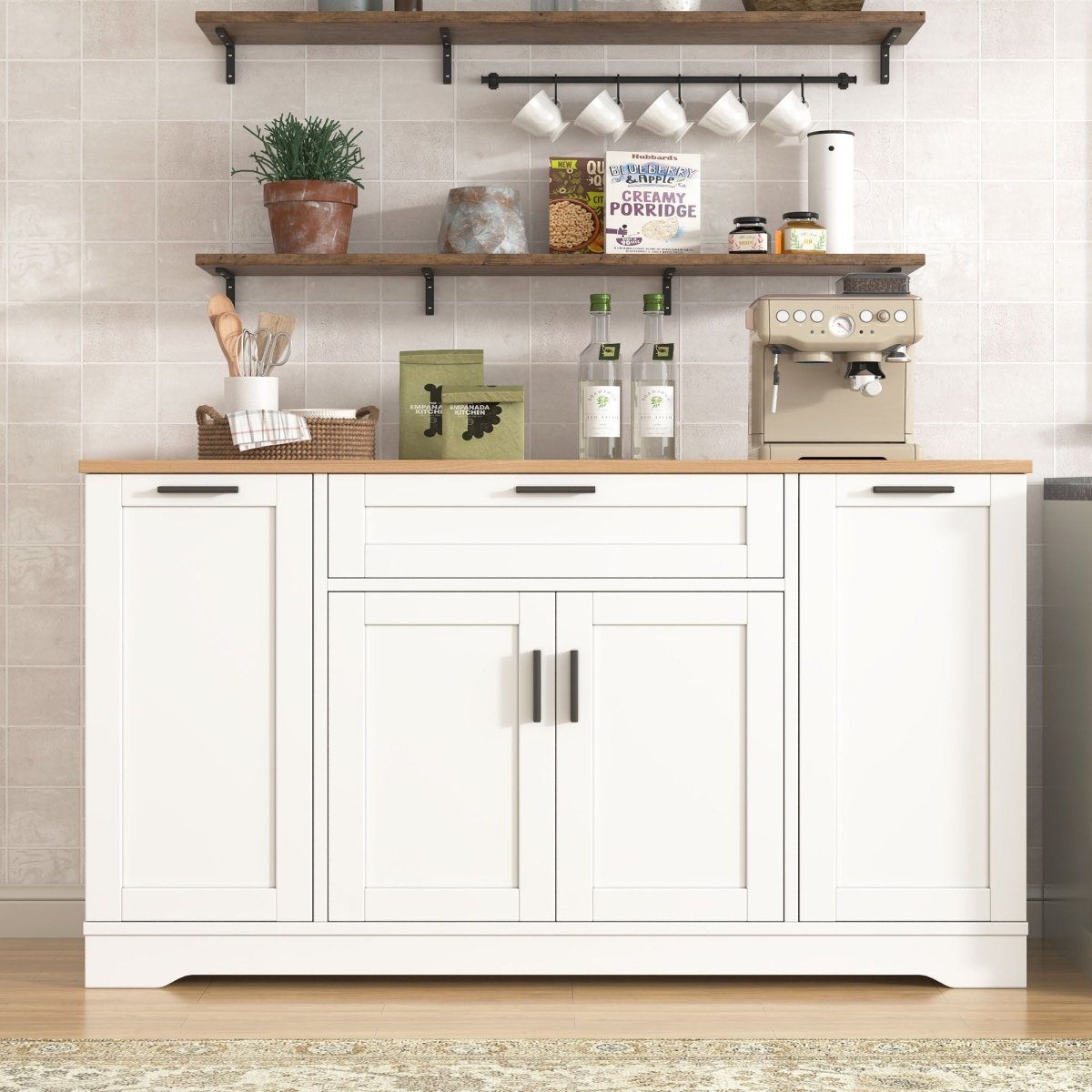 Sideboard With Extendable Table, Adjustable Shelves, 3 Tier Pull Out Rack - White - Sideboards available at Alpine Outlets in Denver