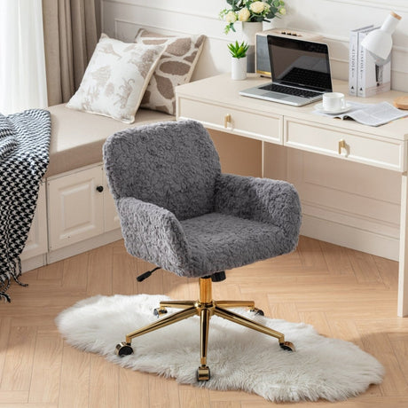 Solvane Faux Fur Office Chair with Gold Base and Adjustable Swivel - Office Furniture - Alpine Outlets