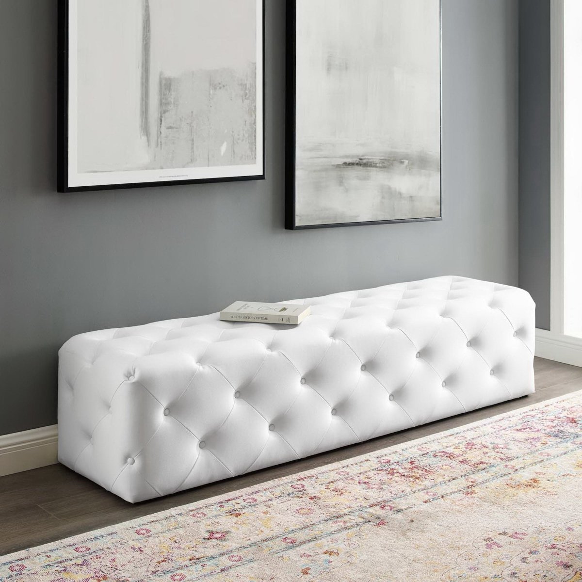 Sophisticated Tufted Button Faux Leather Bench in White - Benches available at Alpine Outlets in Denver