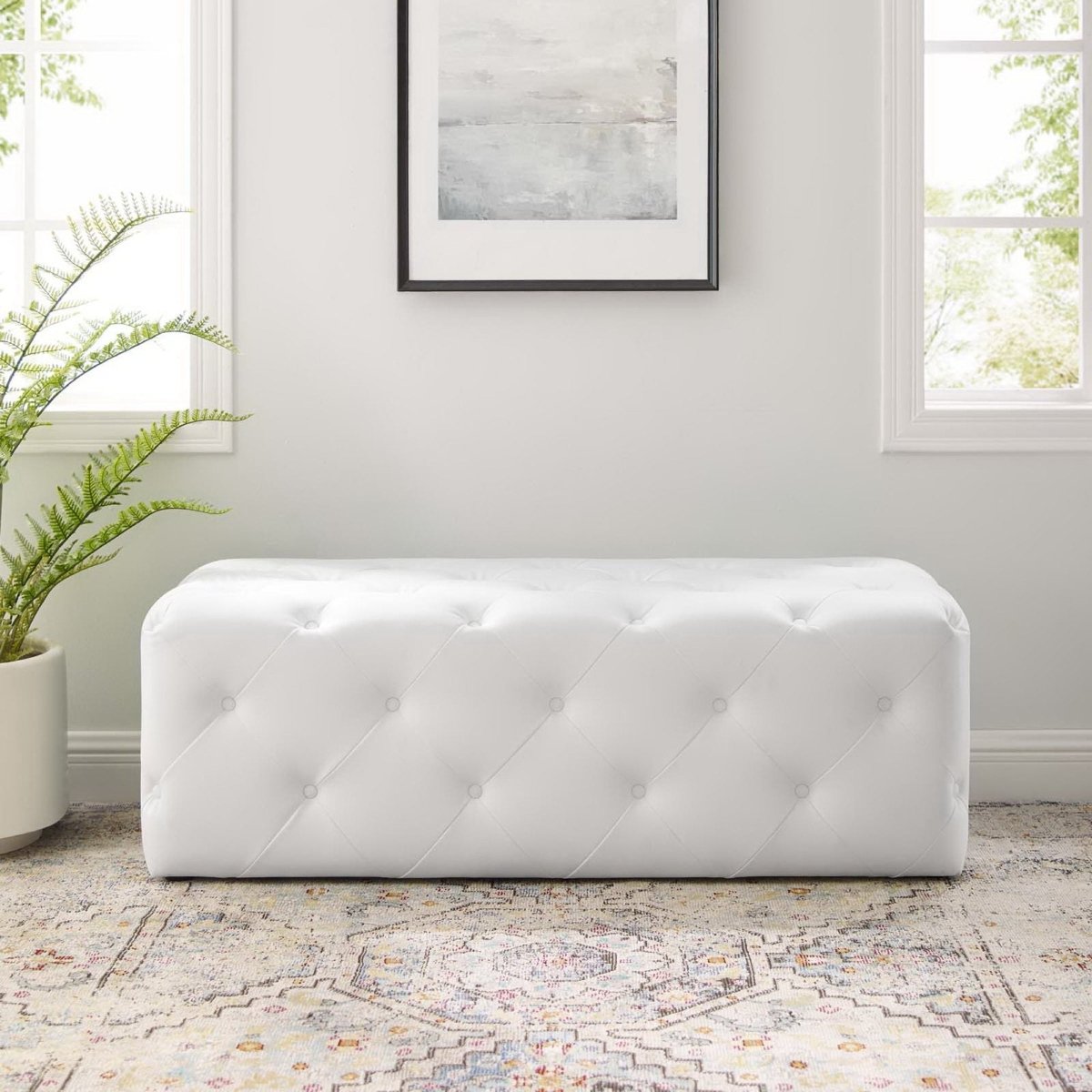 Sophisticated Tufted Button Faux Leather Bench in White - Benches available at Alpine Outlets in Denver