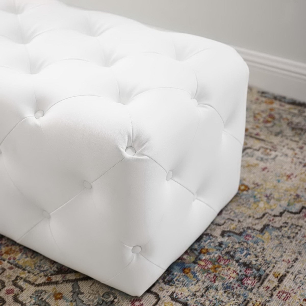 Sophisticated Tufted Button Faux Leather Bench in White - Benches available at Alpine Outlets in Denver