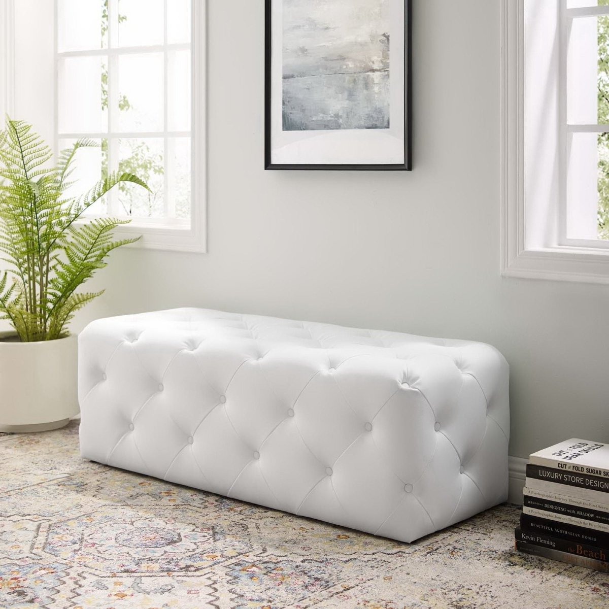 Sophisticated Tufted Button Faux Leather Bench in White - Benches available at Alpine Outlets in Denver