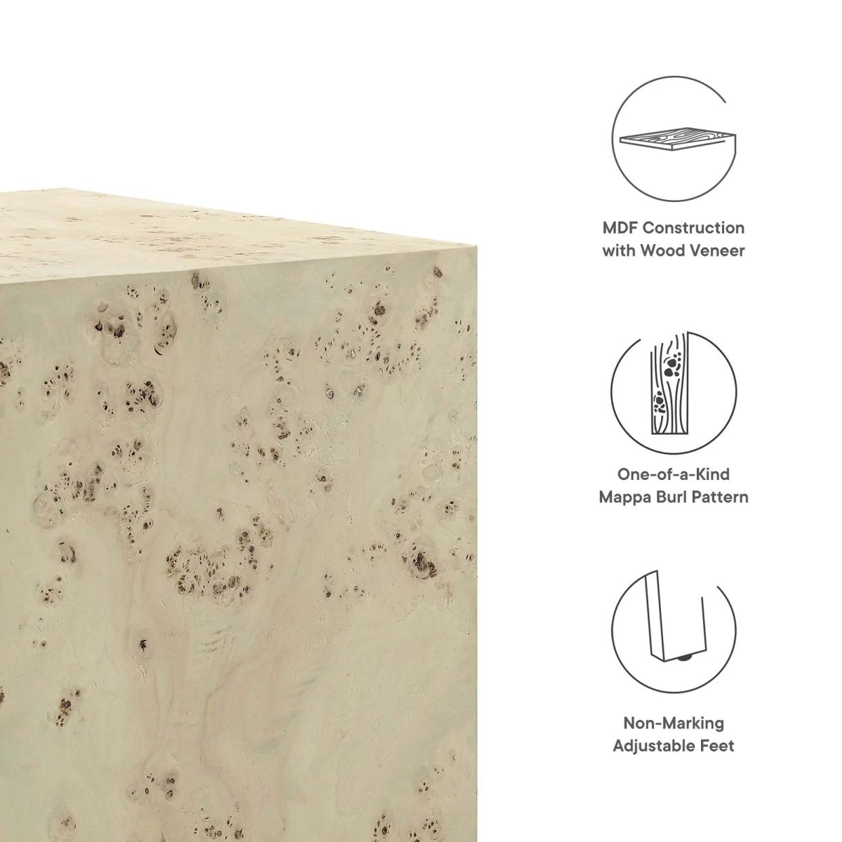 Square Burl Wood Side Table – 16 Inch MDF Veneer - End & Side Tables available at Alpine Outlets in Denver