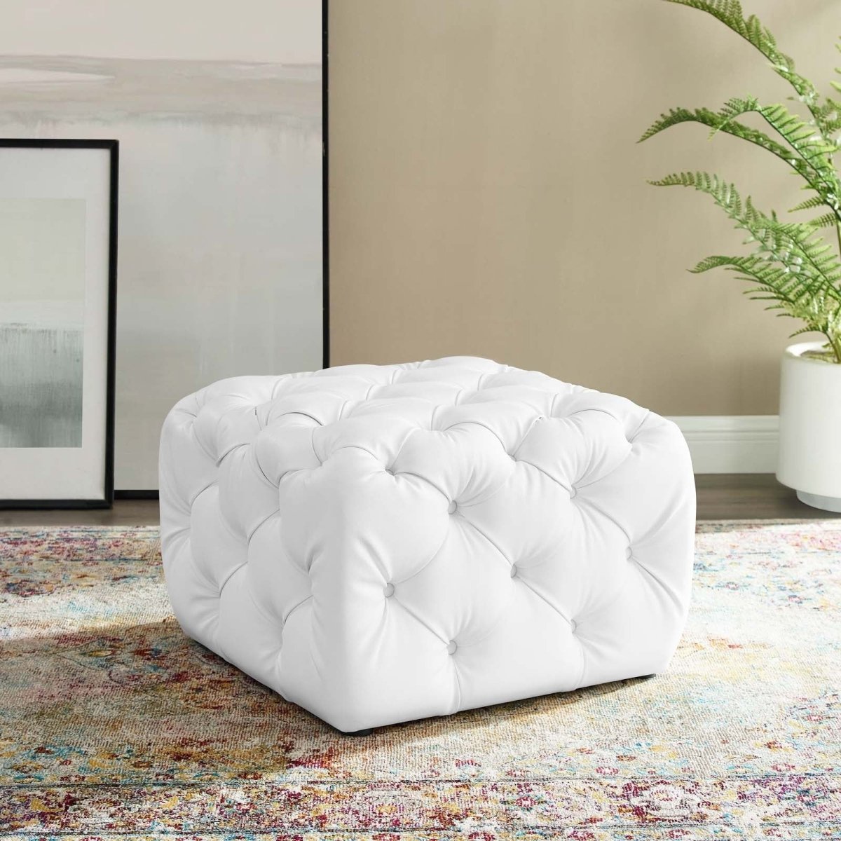 Square Tufted Faux Leather Ottoman – Upholstered 24 Inch - Ottomans available at Alpine Outlets in Denver