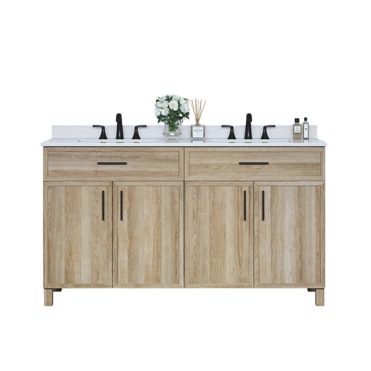 Style Selections Dolton 60 - in Natural Oak Undermount Double Sink Bathroom Vanity with White Engineered Stone Top (ID N098765) - Bathroom Vanities available at Alpine Outlets in Denver