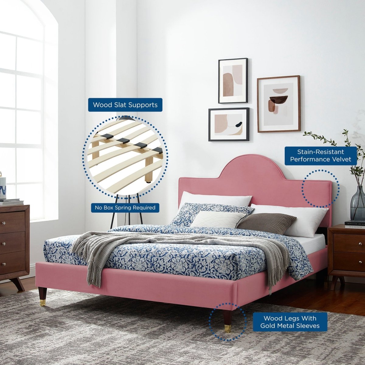 Sunrise Arch Performance Velvet Platform Bed with Gold Detail - Platform Bed available at Alpine Outlets in Denver