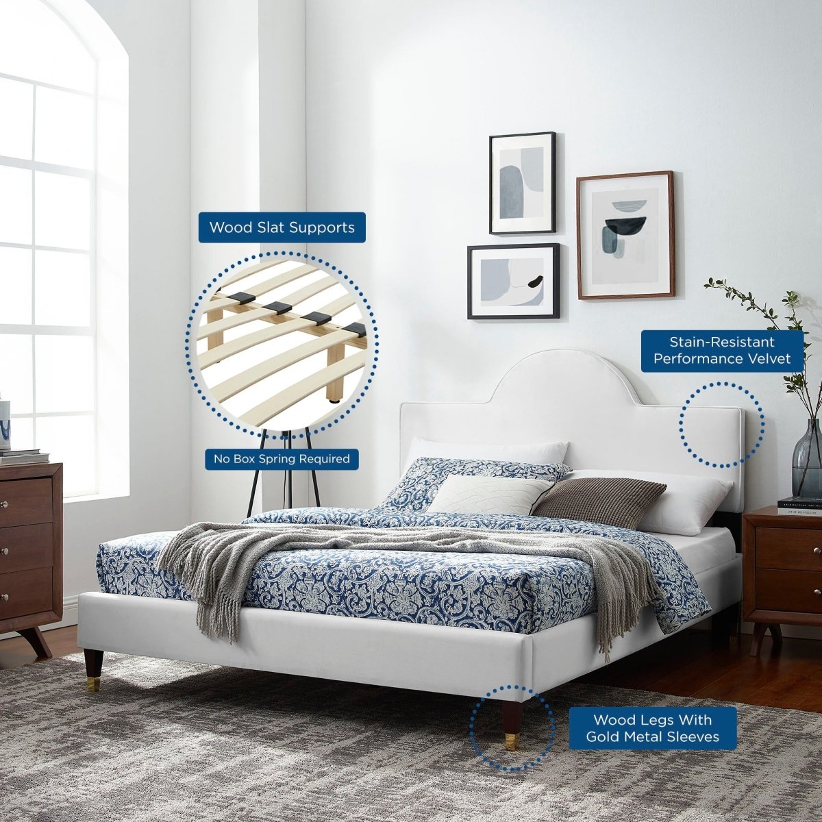 Sunrise Arch Performance Velvet Platform Bed with Gold Detail - Platform Bed available at Alpine Outlets in Denver