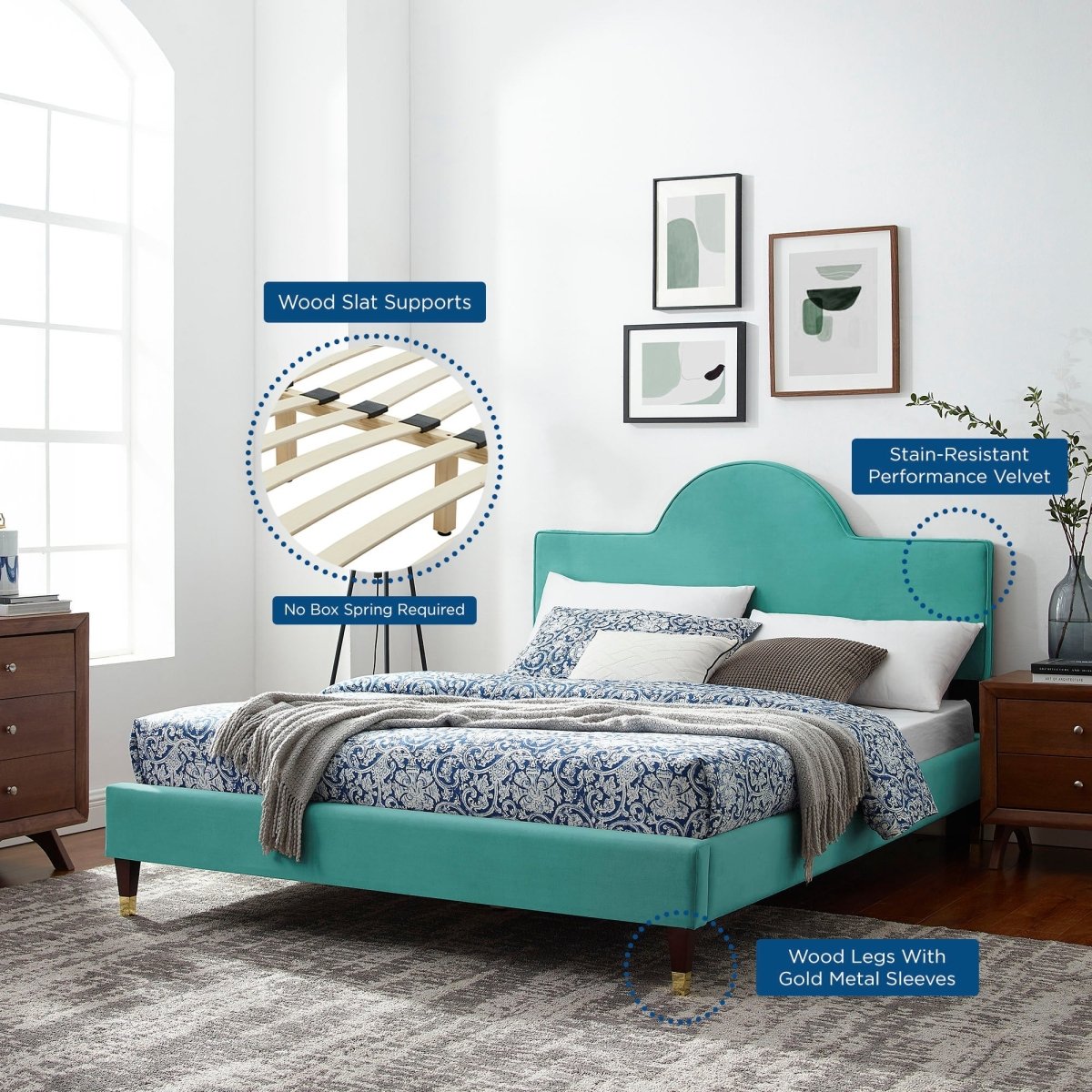 Sunrise Arch Performance Velvet Platform Bed with Gold Detail - Platform Bed available at Alpine Outlets in Denver