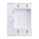 Tall Hall Tree With Shoe Storage, 4 In 1 Entryway Bench With 6 Cabinets, 4 Coat Hooks & Adjustable Shelf For Hallway - White - Hall Trees available at Alpine Outlets in Denver