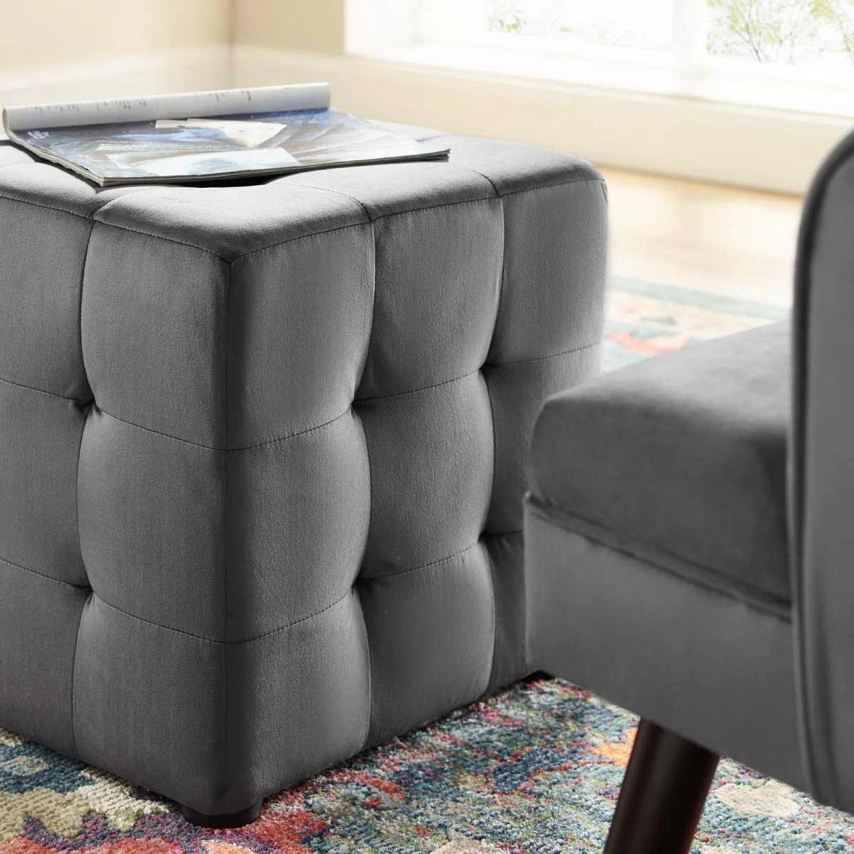 Tufted Cube Velvet Ottoman – 15 Inch Upholstered - Ottomans available at Alpine Outlets in Denver