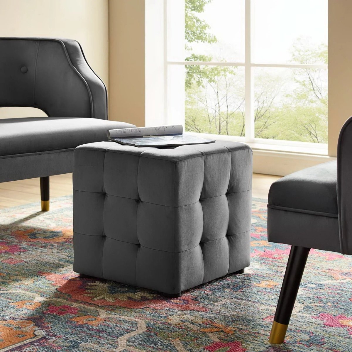 Tufted Cube Velvet Ottoman – 15 Inch Upholstered - Ottomans available at Alpine Outlets in Denver