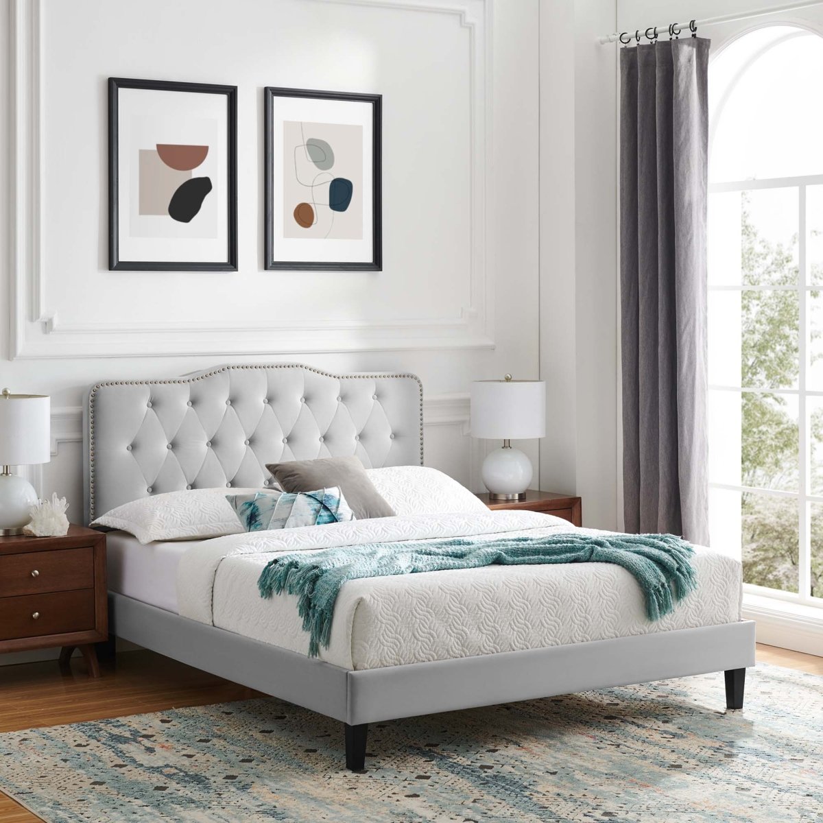 Tufted Nailhead Performance Velvet Platform Bed - Platform Bed available at Alpine Outlets in Denver