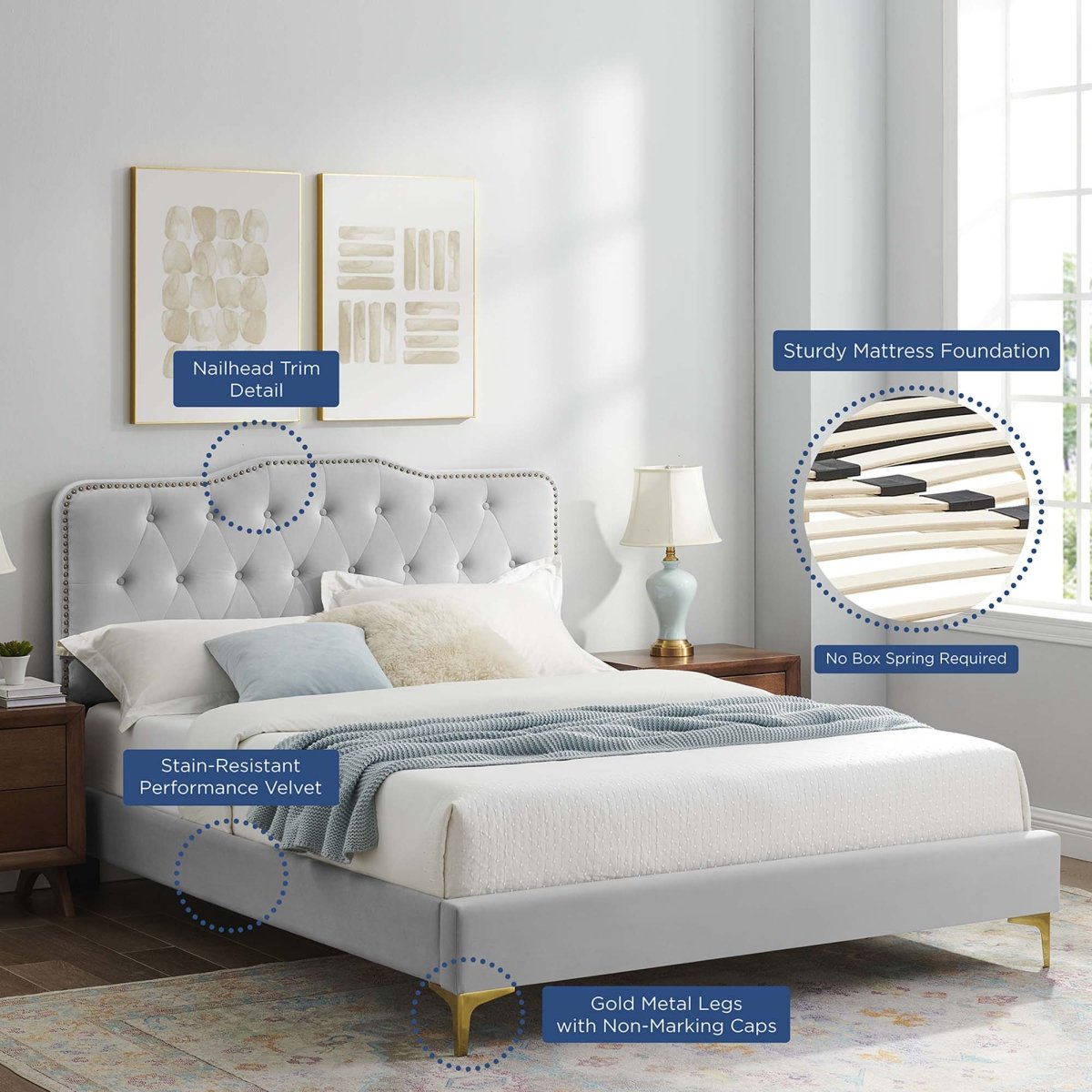 Tufted Nailhead Performance Velvet Platform Bed - Platform Bed available at Alpine Outlets in Denver