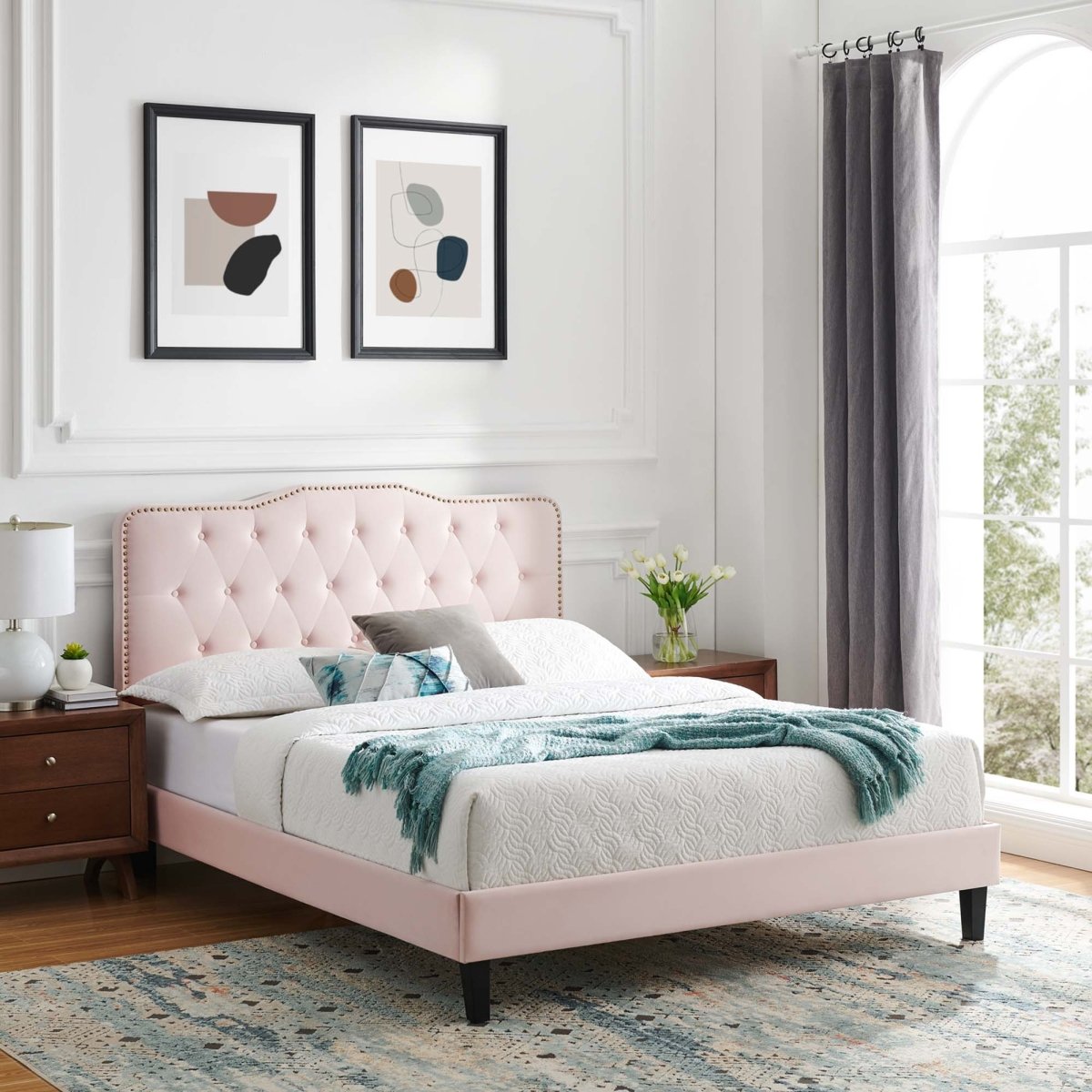 Tufted Nailhead Performance Velvet Platform Bed - Platform Bed available at Alpine Outlets in Denver