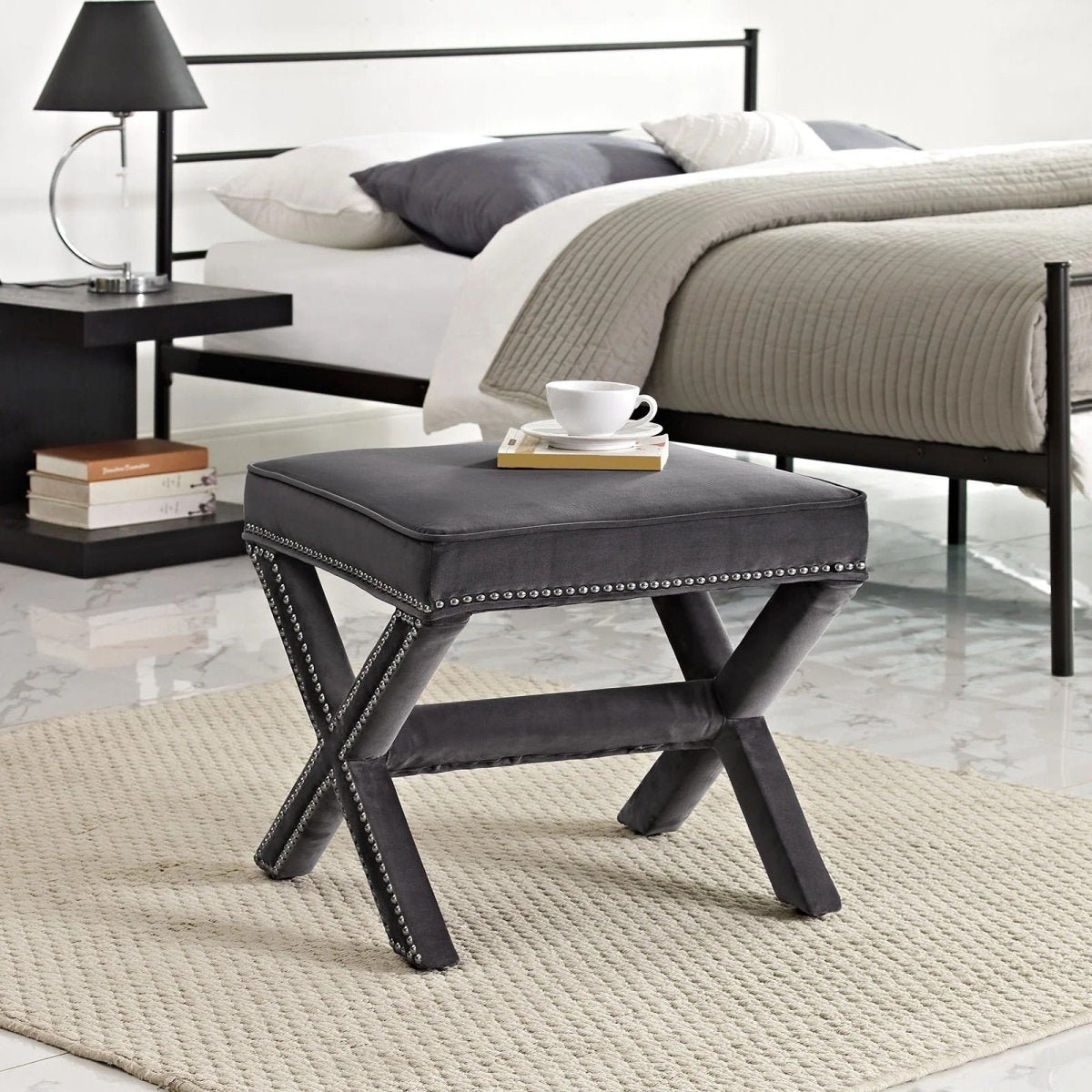Tufted Velvet Bench Ottoman with Nailhead Trim – 20 Inch - Ottomans available at Alpine Outlets in Denver