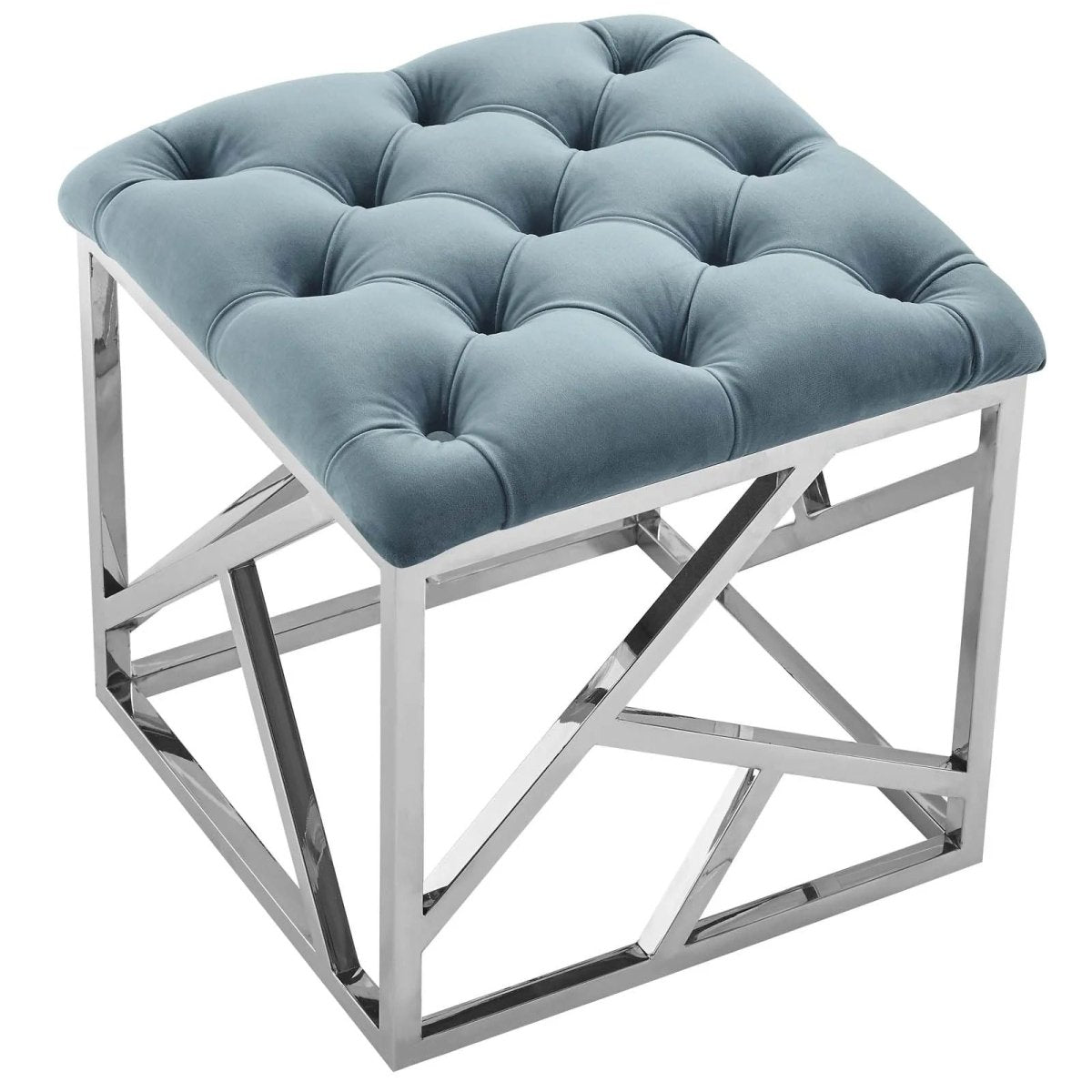 Tufted Velvet Ottoman with Silver Base – 18 Inch Square - Ottomans available at Alpine Outlets in Denver