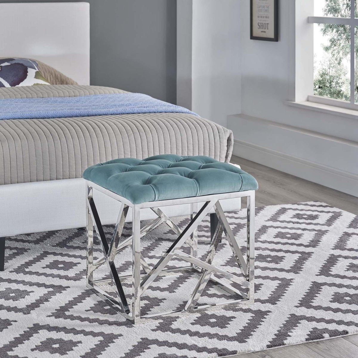 Tufted Velvet Ottoman with Silver Base – 18 Inch Square - Ottomans available at Alpine Outlets in Denver
