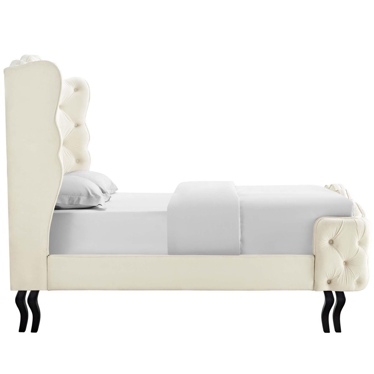 Tufted Wingback Performance Velvet Platform Bed with Cabriole Legs in Ivory - Platform Bed available at Alpine Outlets in Denver