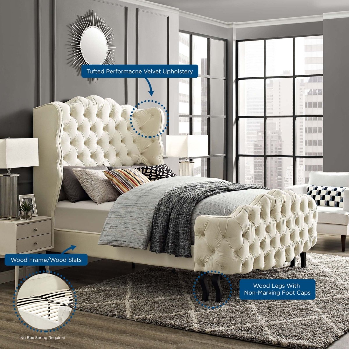 Tufted Wingback Performance Velvet Platform Bed with Cabriole Legs in Ivory - Platform Bed available at Alpine Outlets in Denver