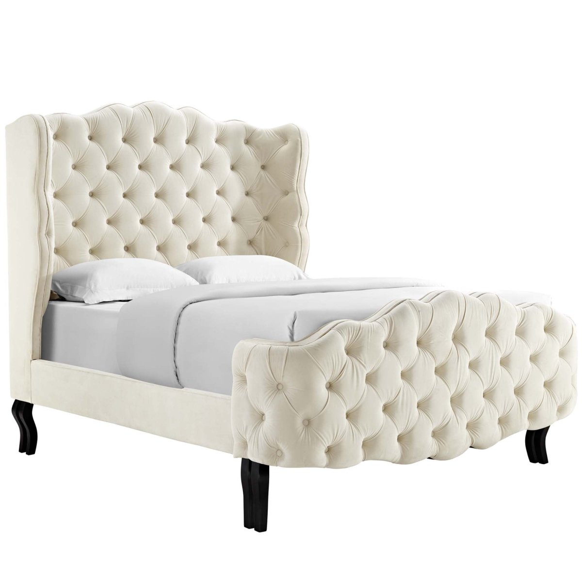 Tufted Wingback Performance Velvet Platform Bed with Cabriole Legs in Ivory - Platform Bed available at Alpine Outlets in Denver