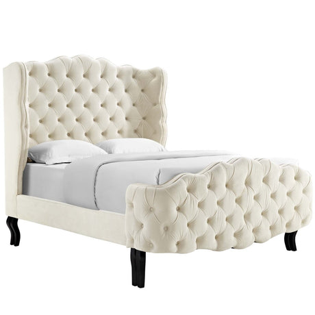 Tufted Wingback Performance Velvet Platform Bed with Cabriole Legs in Ivory - Platform Bed available at Alpine Outlets in Denver