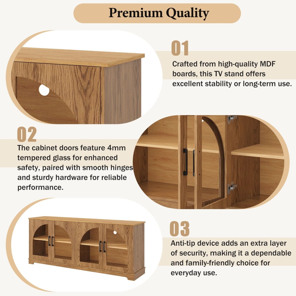 TV Stand With Semi Arched Glass Doors, Media Console With Adjustable Shelves For Living Room - Brown - TV Stands available at Alpine Outlets in Denver