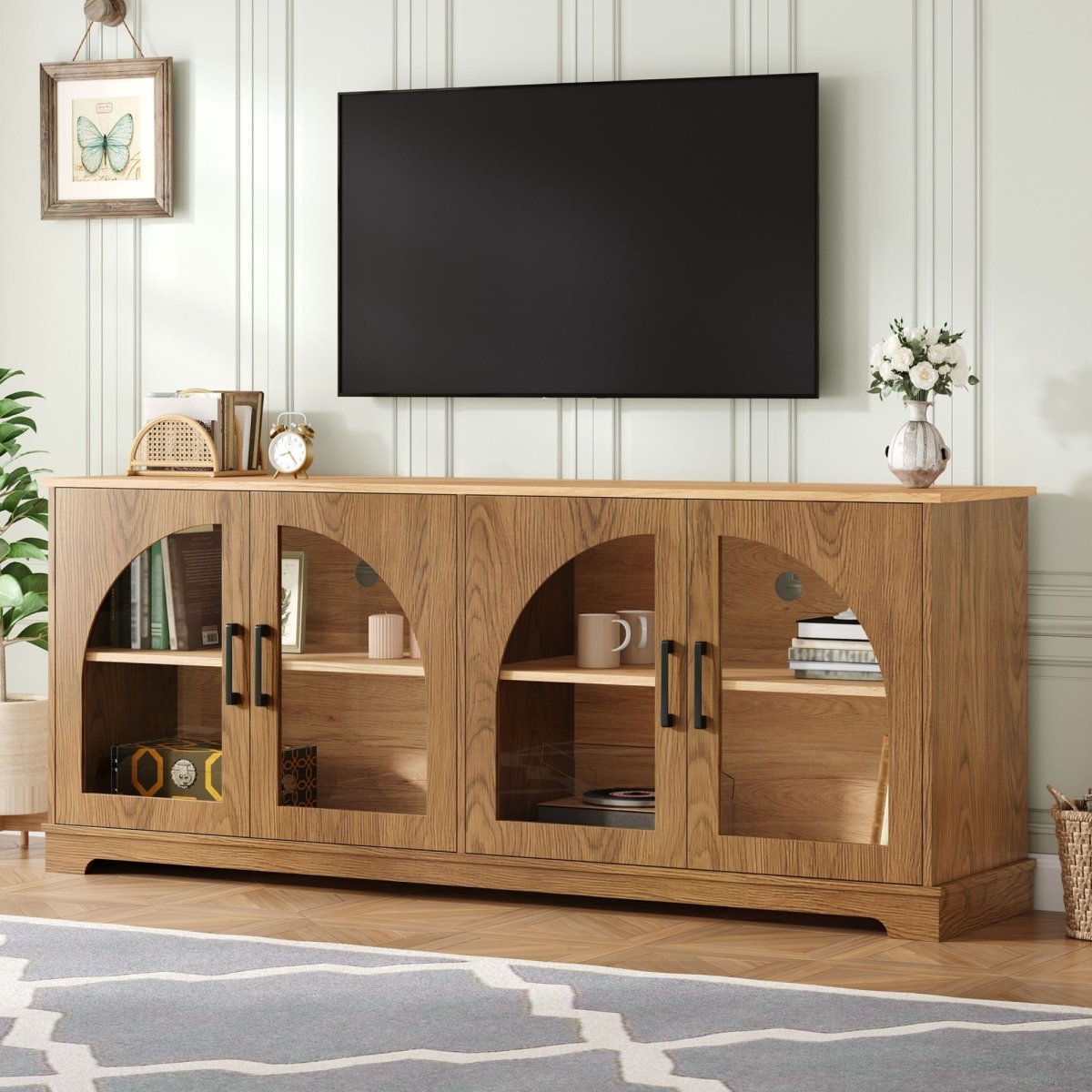 TV Stand With Semi Arched Glass Doors, Media Console With Adjustable Shelves For Living Room - Brown - TV Stands available at Alpine Outlets in Denver