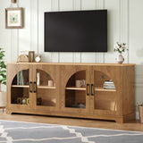 TV Stand With Semi Arched Glass Doors, Media Console With Adjustable Shelves For Living Room - Brown - TV Stands available at Alpine Outlets in Denver