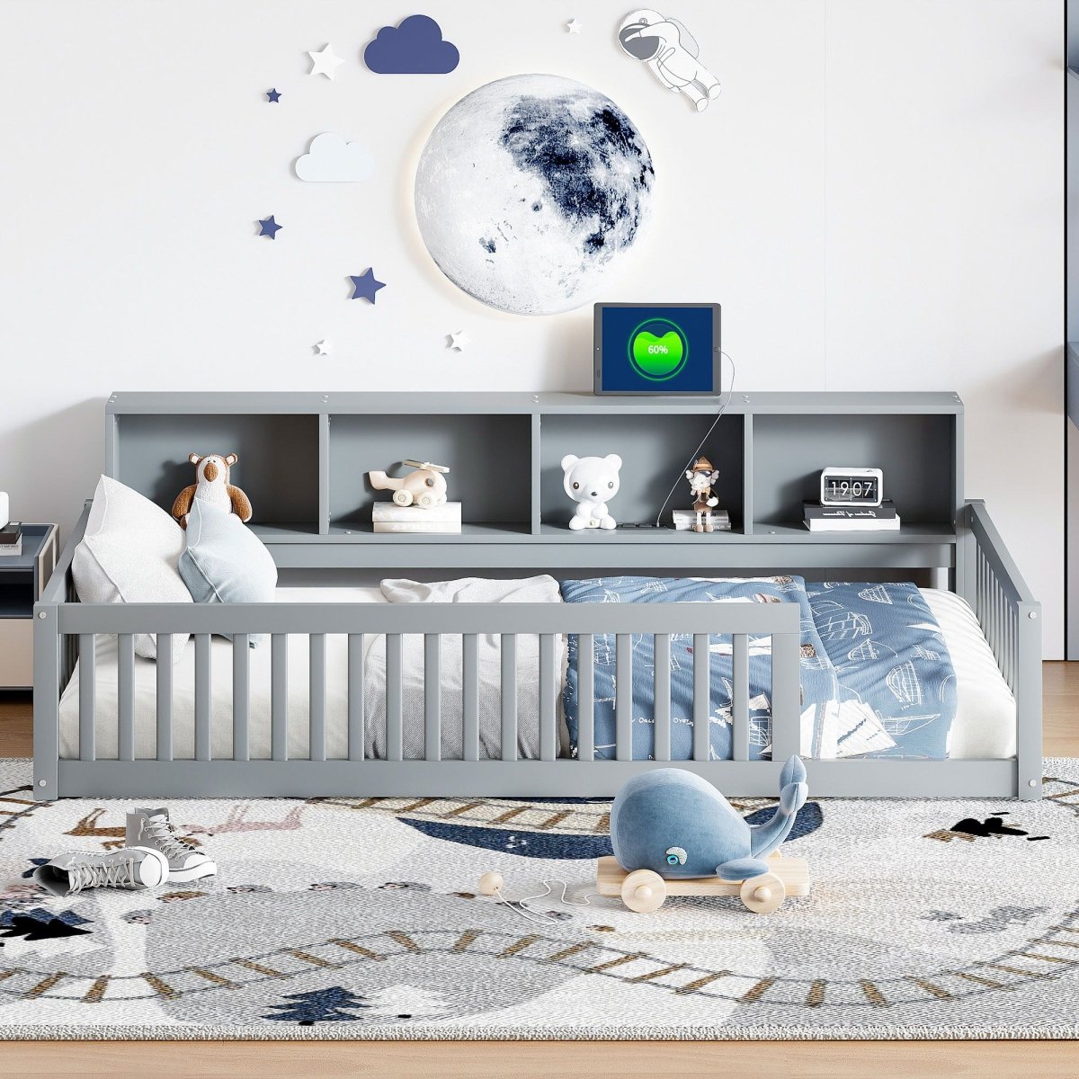 Twin Long Floor Bed With Storage Cabinets And USB Ports - Gray - Platform Beds available at Alpine Outlets in Denver