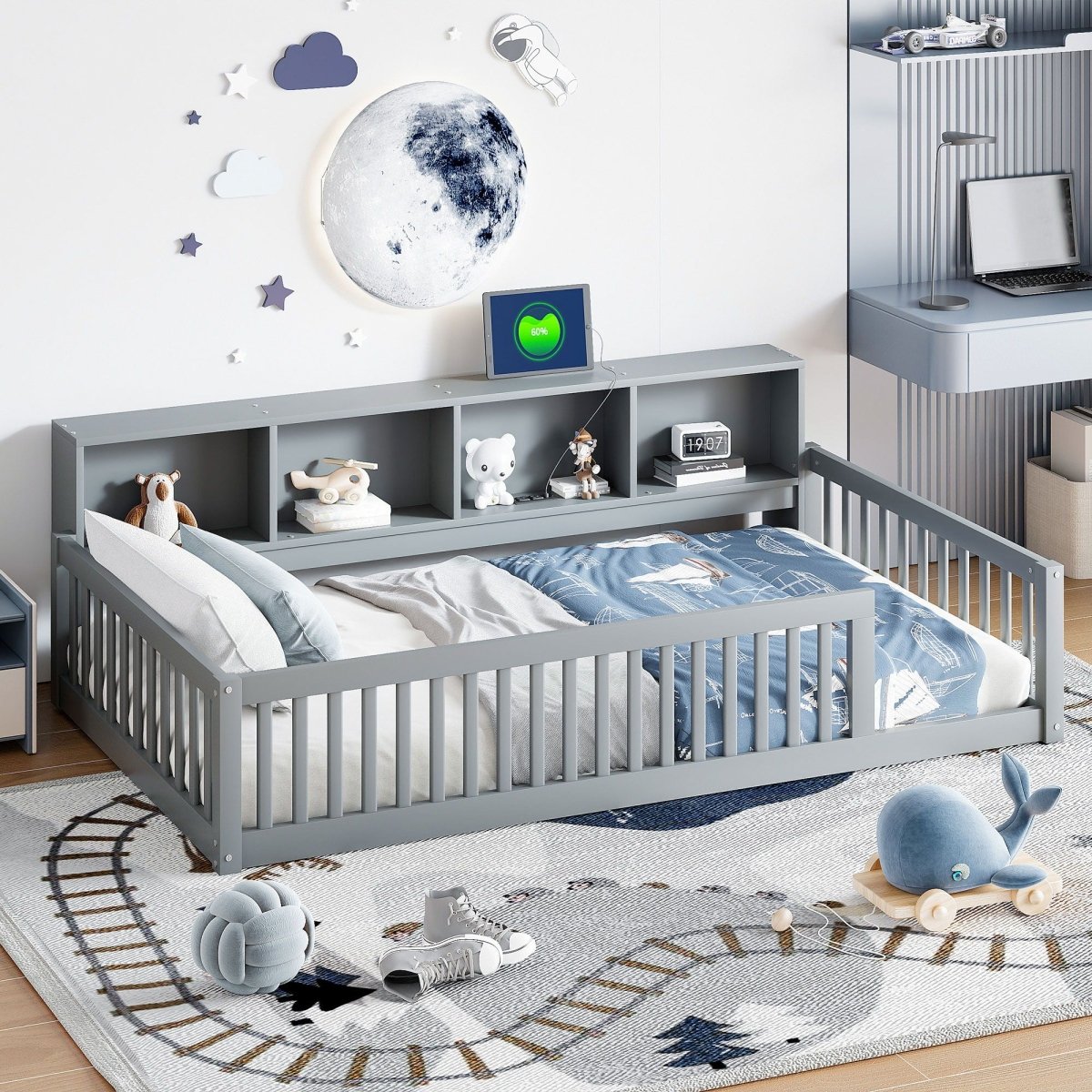 Twin Long Floor Bed With Storage Cabinets And USB Ports - Gray - Platform Beds available at Alpine Outlets in Denver