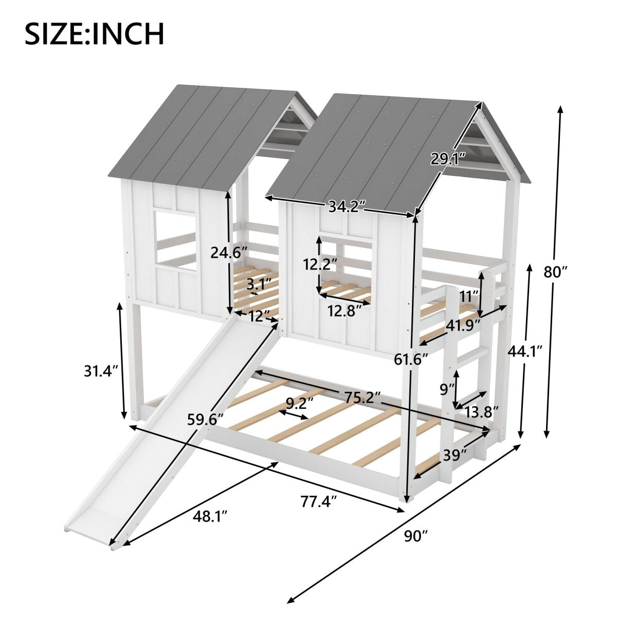 Twin Over Twin House Bunk Bed With Slide And Windows - White / Gray - Bunk Beds available at Alpine Outlets in Denver