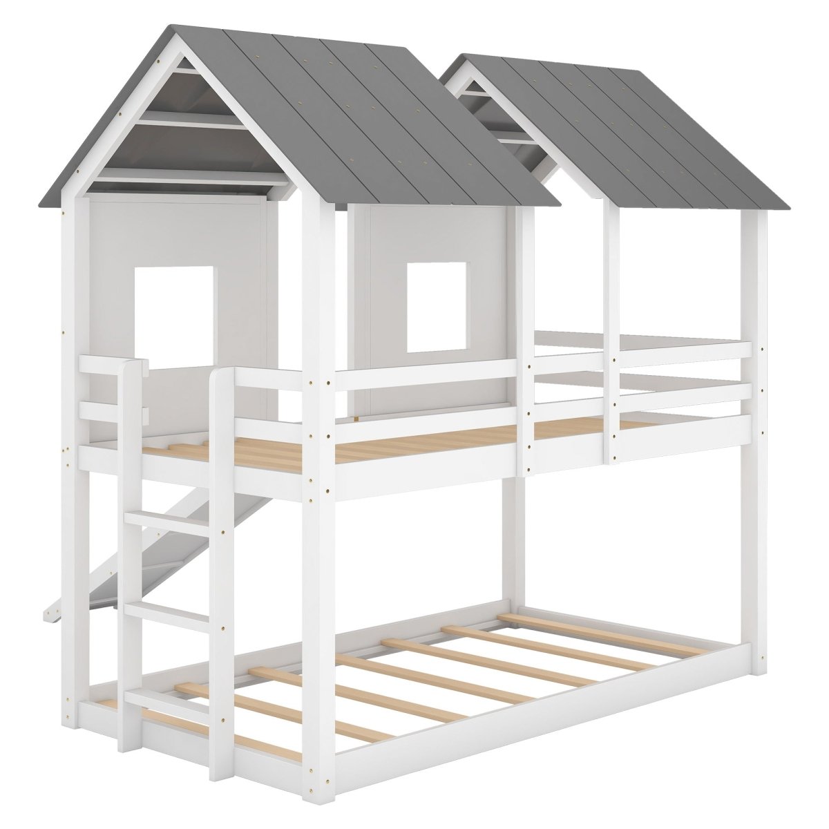 Twin Over Twin House Bunk Bed With Slide And Windows - White / Gray - Bunk Beds available at Alpine Outlets in Denver