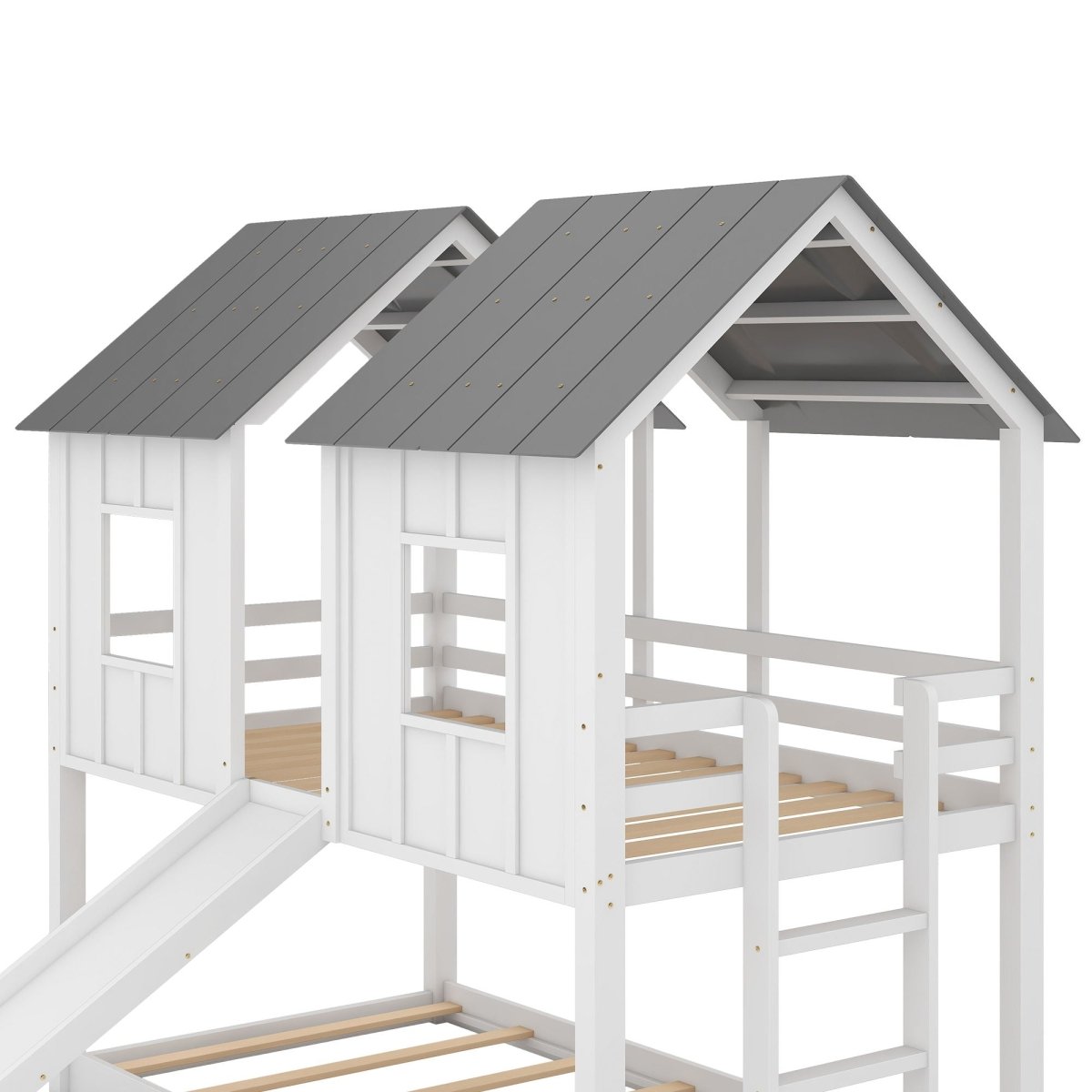 Twin Over Twin House Bunk Bed With Slide And Windows - White / Gray - Bunk Beds available at Alpine Outlets in Denver