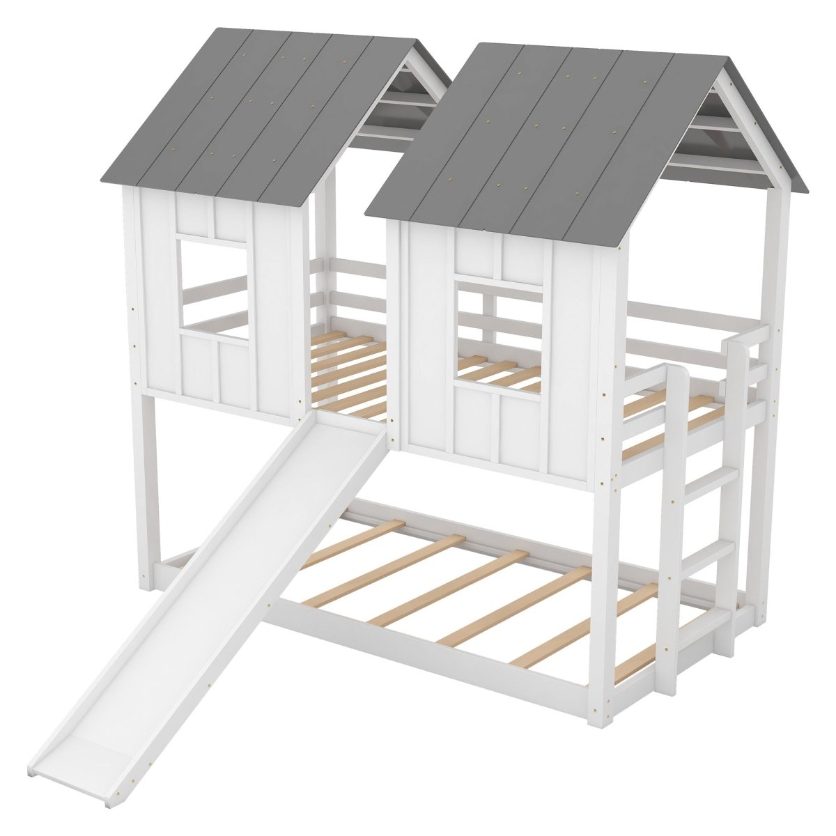 Twin Over Twin House Bunk Bed With Slide And Windows - White / Gray - Bunk Beds available at Alpine Outlets in Denver
