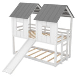 Twin Over Twin House Bunk Bed With Slide And Windows - White / Gray - Bunk Beds available at Alpine Outlets in Denver
