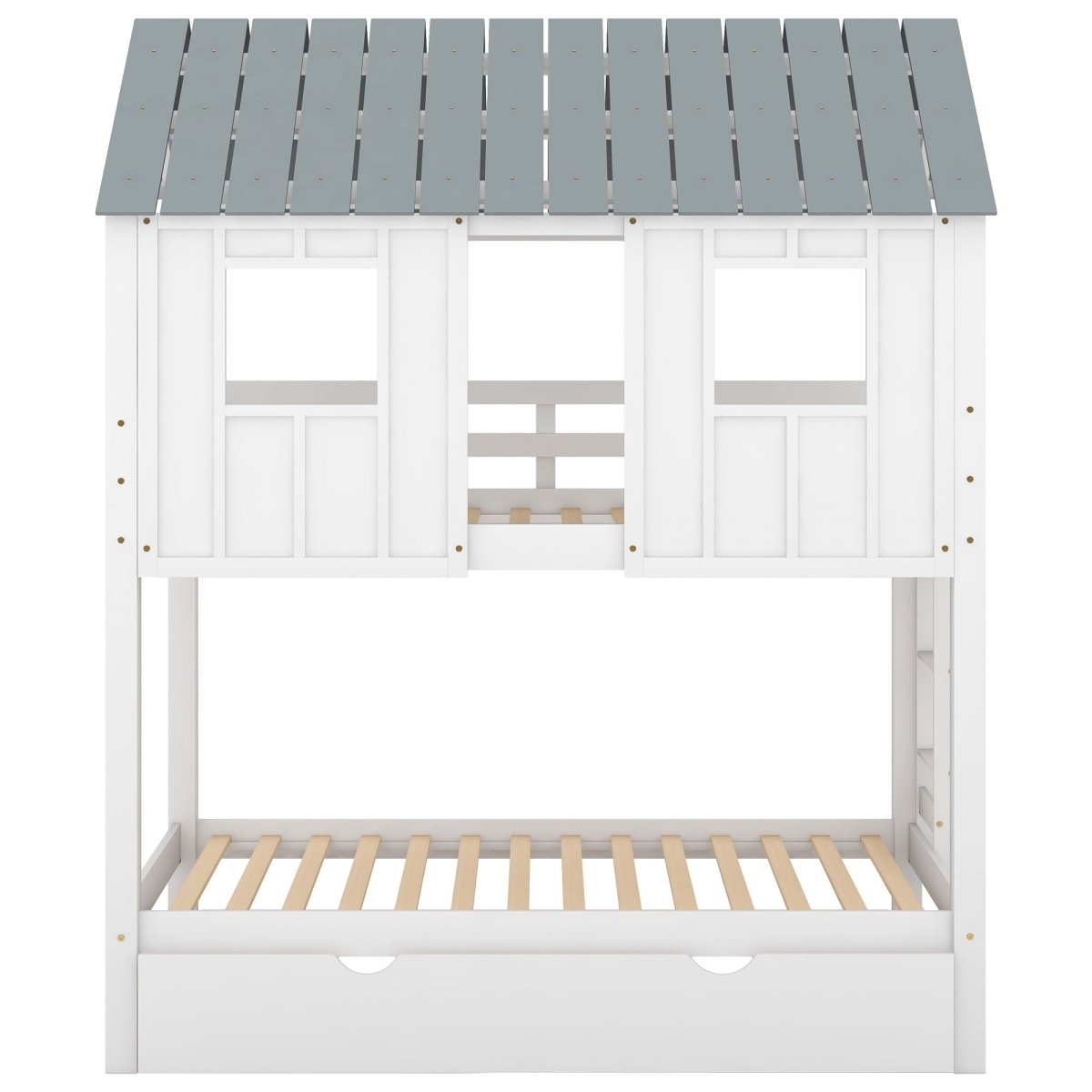 Twin Size House Bunk Bed With Trundle, Roof And Windows - White / Gray - Bunk Beds available at Alpine Outlets in Denver