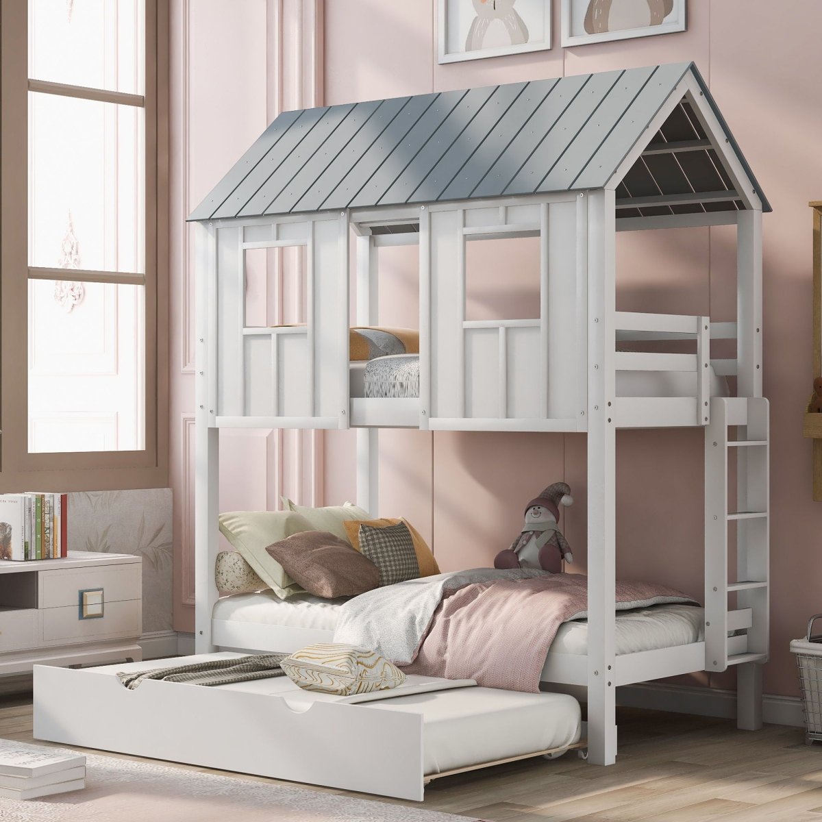 Twin Size House Bunk Bed With Trundle, Roof And Windows - White / Gray - Bunk Beds available at Alpine Outlets in Denver