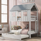 Twin Size House Bunk Bed With Trundle, Roof And Windows - White / Gray - Bunk Beds available at Alpine Outlets in Denver
