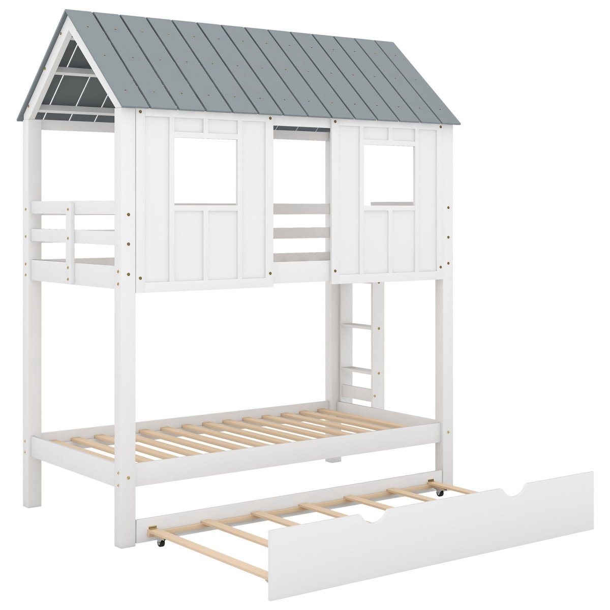 Twin Size House Bunk Bed With Trundle, Roof And Windows - White / Gray - Bunk Beds available at Alpine Outlets in Denver