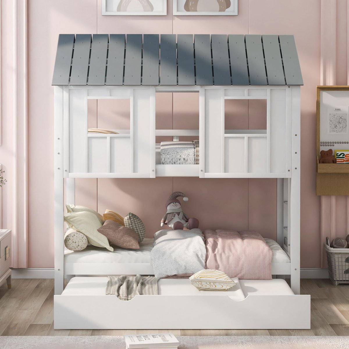 Twin Size House Bunk Bed With Trundle, Roof And Windows - White / Gray - Bunk Beds available at Alpine Outlets in Denver