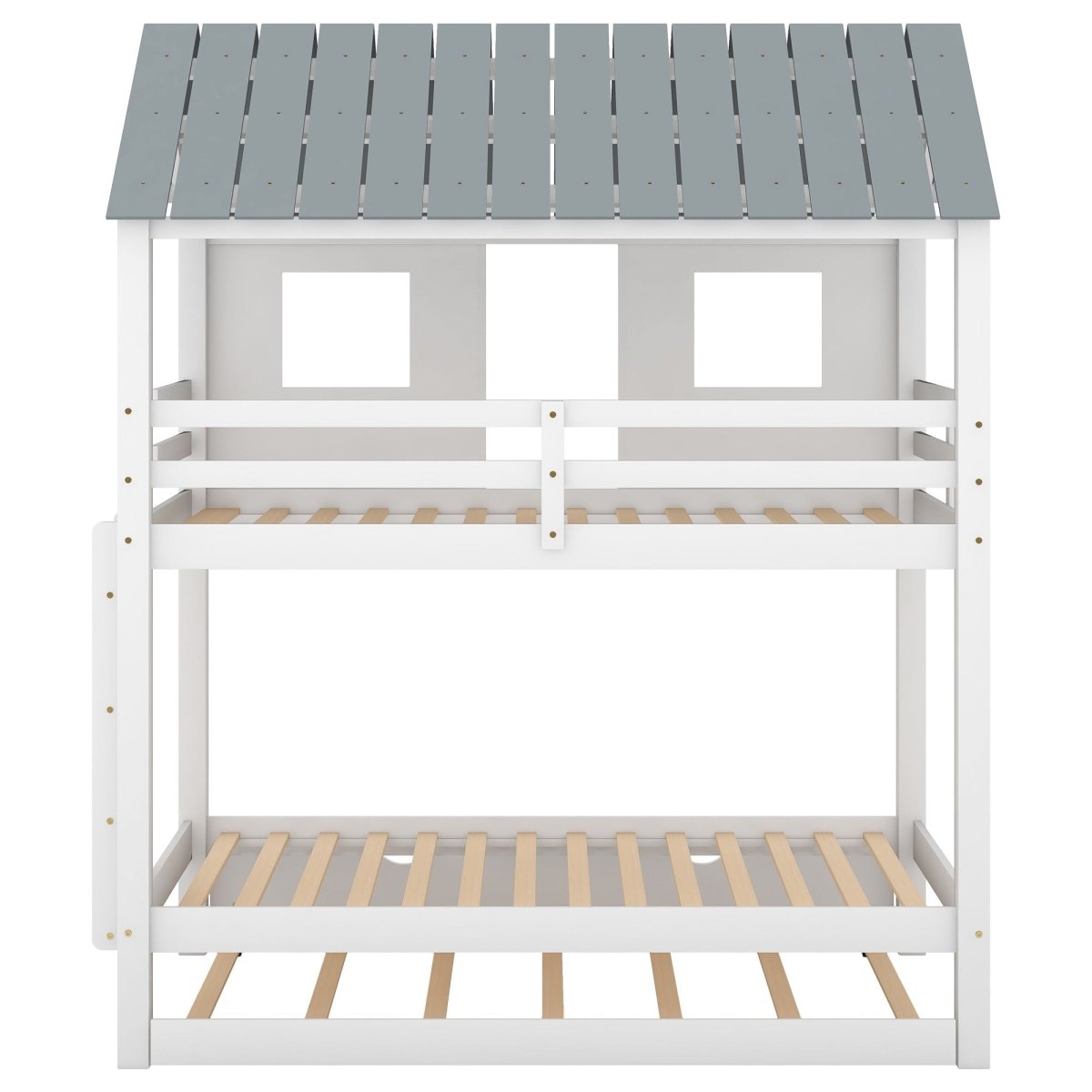 Twin Size House Bunk Bed With Trundle, Roof And Windows - White / Gray - Bunk Beds available at Alpine Outlets in Denver