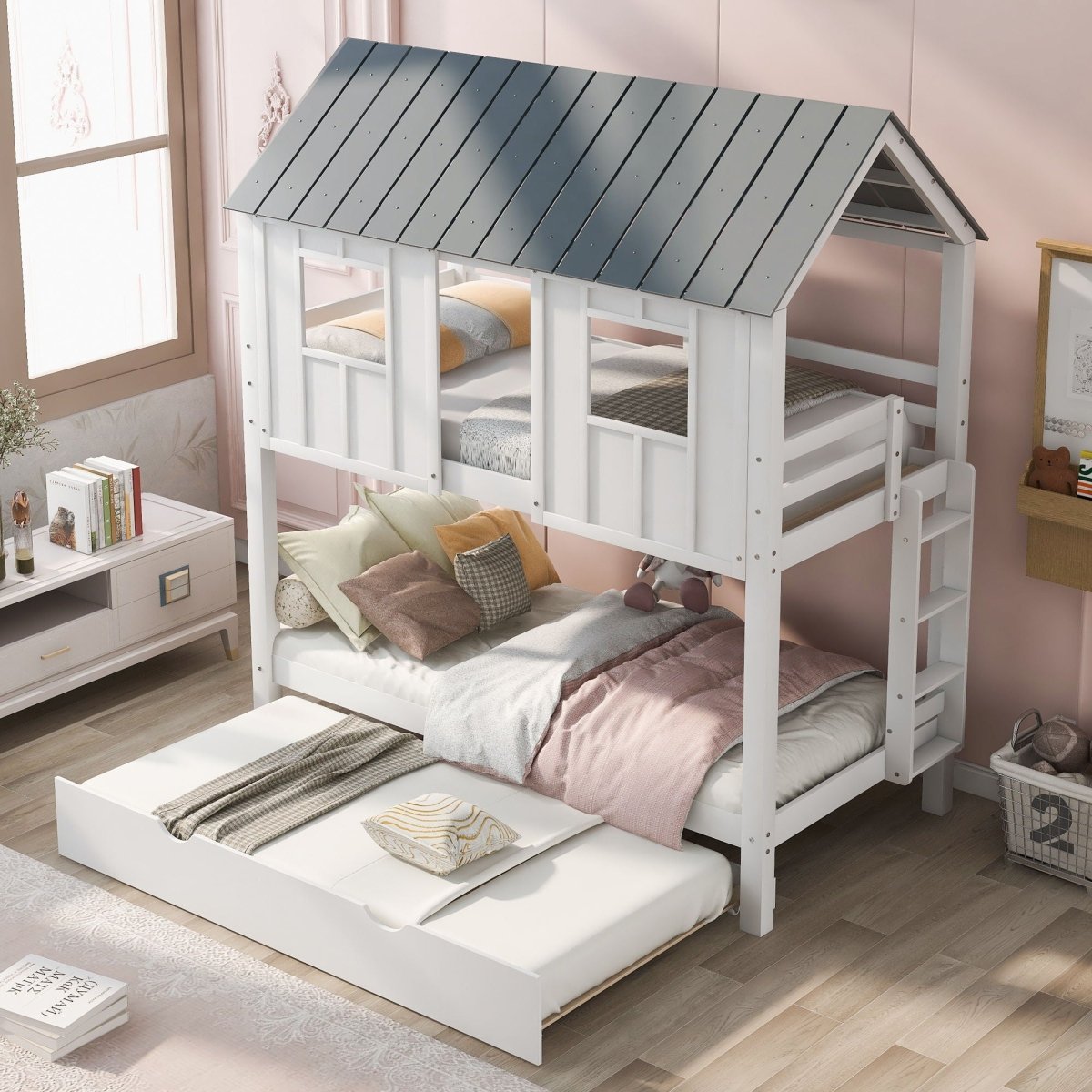 Twin Size House Bunk Bed With Trundle, Roof And Windows - White / Gray - Bunk Beds available at Alpine Outlets in Denver