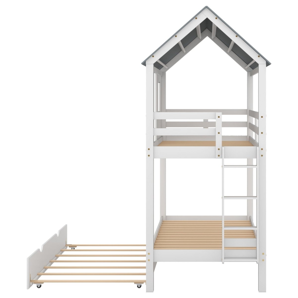 Twin Size House Bunk Bed With Trundle, Roof And Windows - White / Gray - Bunk Beds available at Alpine Outlets in Denver