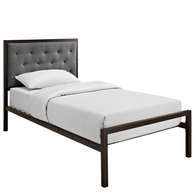 Twin Tufted Button Fabric and Steel Platform Bed in Brown - Platform Bed available at Alpine Outlets in Denver
