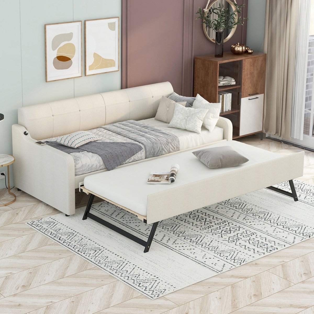 Upholstered Daybed With Trundle And USB Charging - Trundle Beds available at Alpine Outlets in Denver
