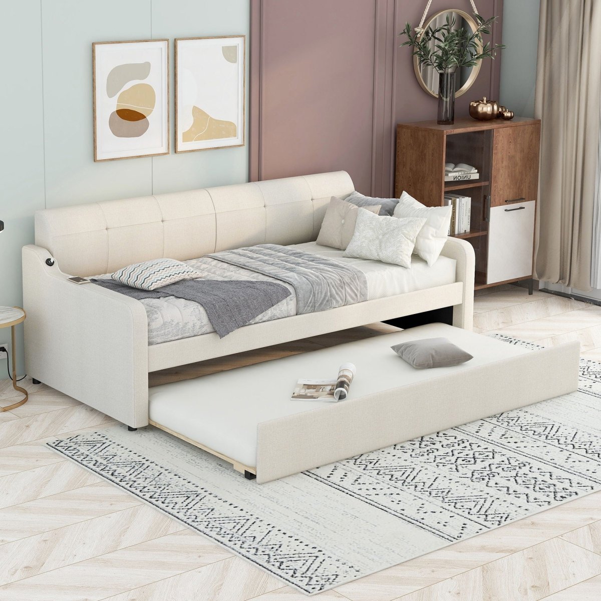 Upholstered Daybed With Trundle And USB Charging - Trundle Beds available at Alpine Outlets in Denver